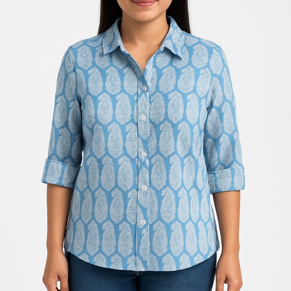 French Curve 100% Cotton Paisley button down Shirt Womens M Blue / White